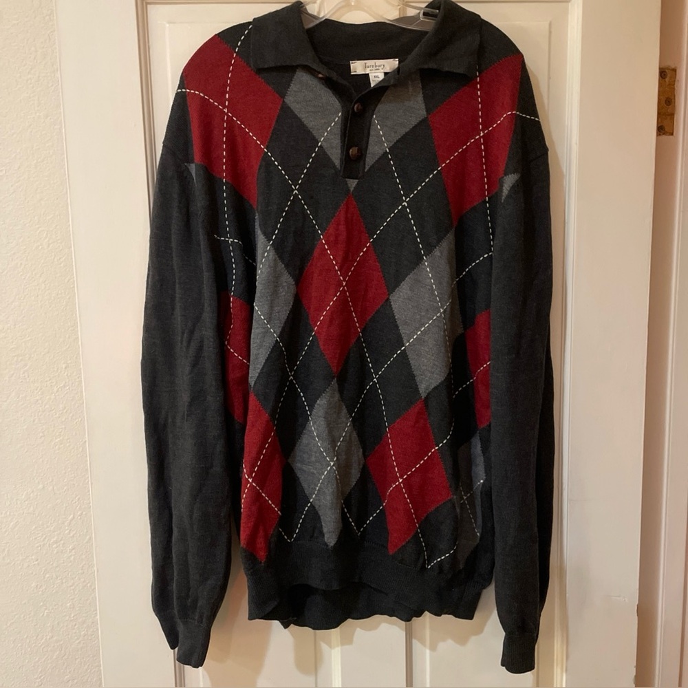 Turnbury XL Argyle Knit Polo Sweater Red Gray Black Merino Wool - Picture 2 of 6